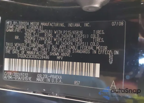 2009 Toyota Sienna Le из США, поврежденный, VIN 5TDZK23CX9S228486